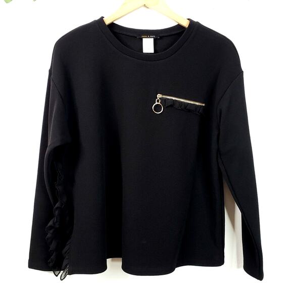 Women Jennie Marlis Black Top Blouse M Zip Ruffle Boxy Career Going Out NEW - Picture 9 of 9